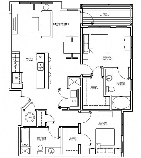 Floor plan for 2 beds, 2 baths, 1193 sqft